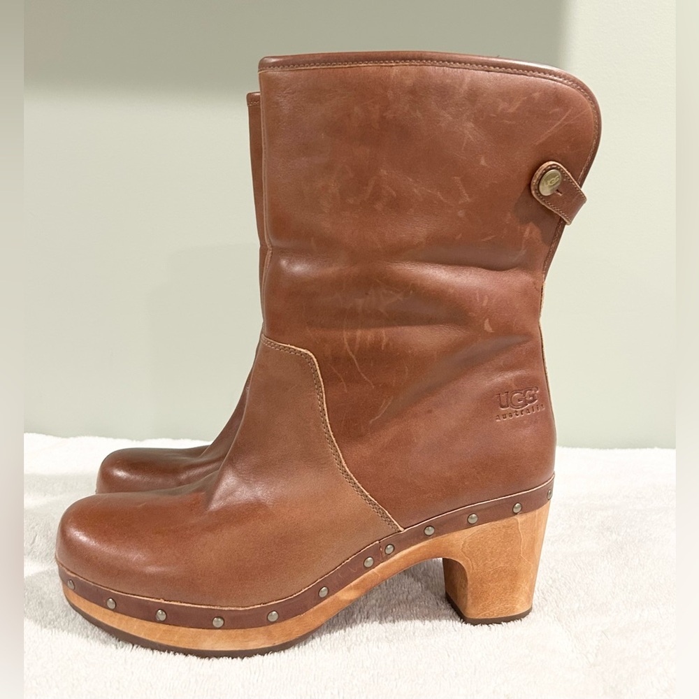 UGG Australia Leather Shearling Clog Boots Wooden Heel Platform Near New Size 8 - Picture 3 of 14